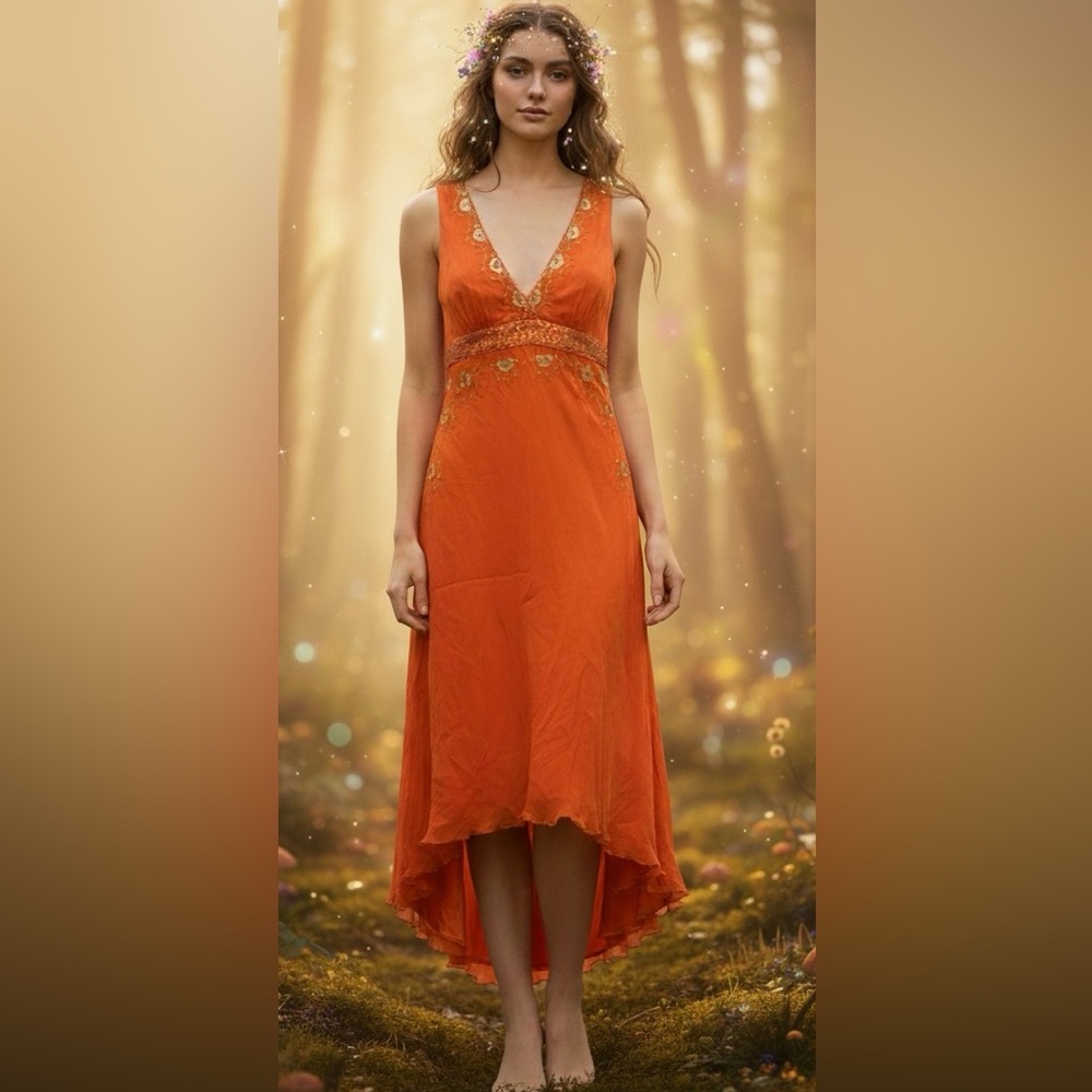 Laundry by Shelli Segal Orange Silk Beaded Embroidered Fairy Midi Zip Dress Sz 6
